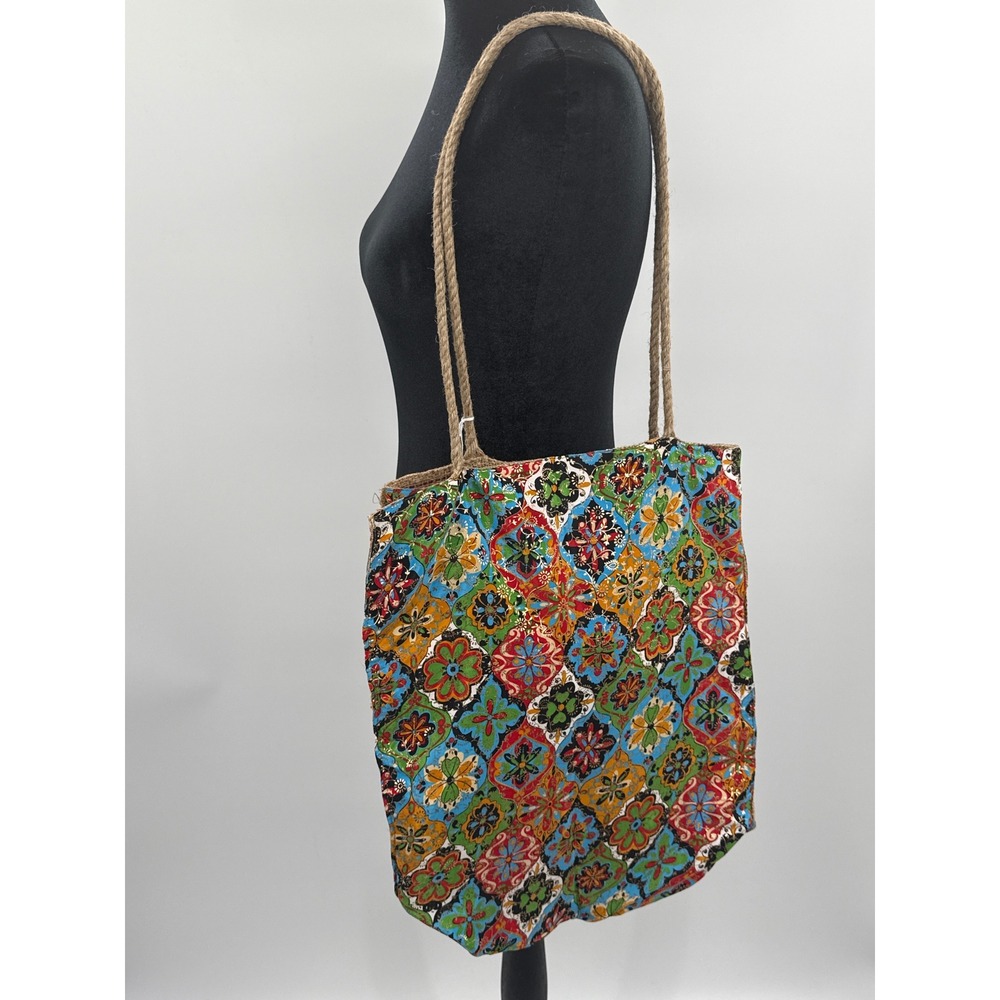 Karma Highway Women Multi Color Floral Medallion Burlap Tote Bag Rope Straps